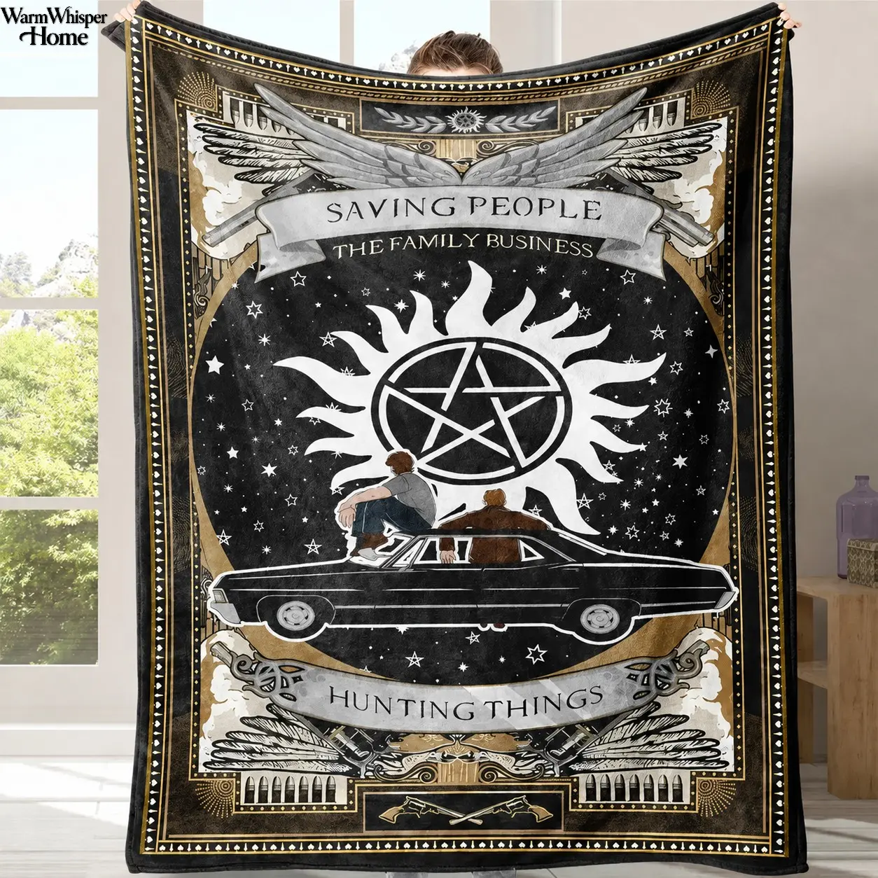 Paranormal Hunter Flannel Throw Blanket, Black Gold Classic Car and Winged Symbol Cozy Blanket for Couch Bed, Dark Fantasy Gift for Men and Women