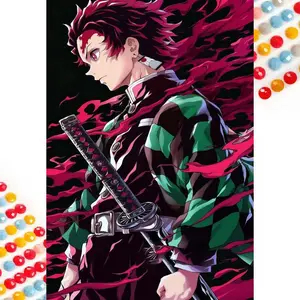 5D DIY Full Drill Round Diamond Painting - Diamond Art Painting Kit Tanjiro, Sword, Red Hair Mosaic, Canvas - DIY Decorative Painting, Home Wall Decoration, Suitable for Halloween and Christmas, Birthdays and Anniversary Gifts, Diamond Painting Kits