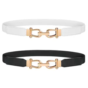 SUOSDEY 2/3/4 Pack Women Stretchy Waist Belt Retro Elastic Skinny Belt for Ladies with Gold Buckle Womens Skinny Belt Leather Thin Belts for Women Dresses Adjustable