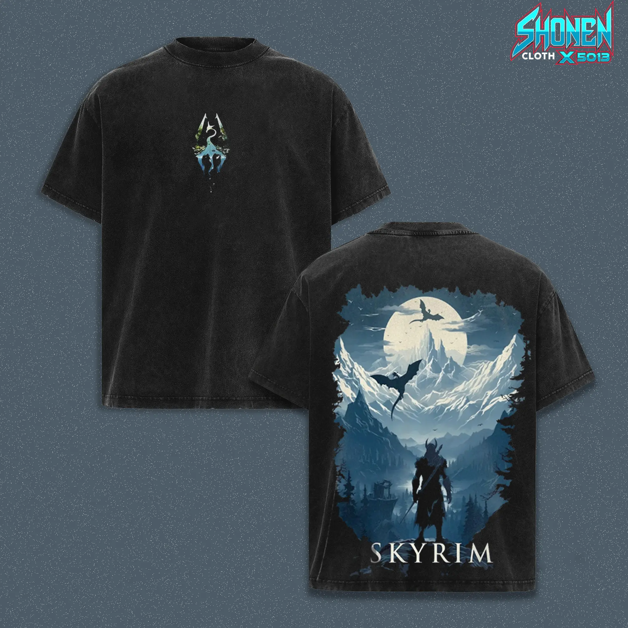The Elder Scrolls V Graphic Shirt Skyrim Dragonborn Snowy Mountain Landscape Vintage Washed Oversized T-Shirt Open World RPG Epic Fantasy Edgy Streetwear Y2K Merch Tee Gift For Game Fan Clothes