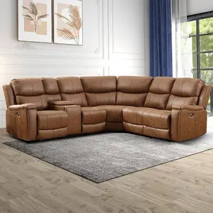Power Recliner Sofa Set, Faux Leather L-Shaped Reclining Sectional Sofa Set Corner Sectional Couch with Console and Hidden Cup Holders, Furniture Set for Living Room Home, Brown