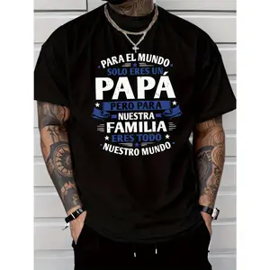 Men'S Casual Fashion Style Short-Sleeved T-Shirt, Dad Is Our World Letter Print Polyester Fiber, Regular Fit Round Neck, Comfortable Elastic Summer Fashion T-Shirt, Casual Daily Style Fashion Clothing, As A Gift