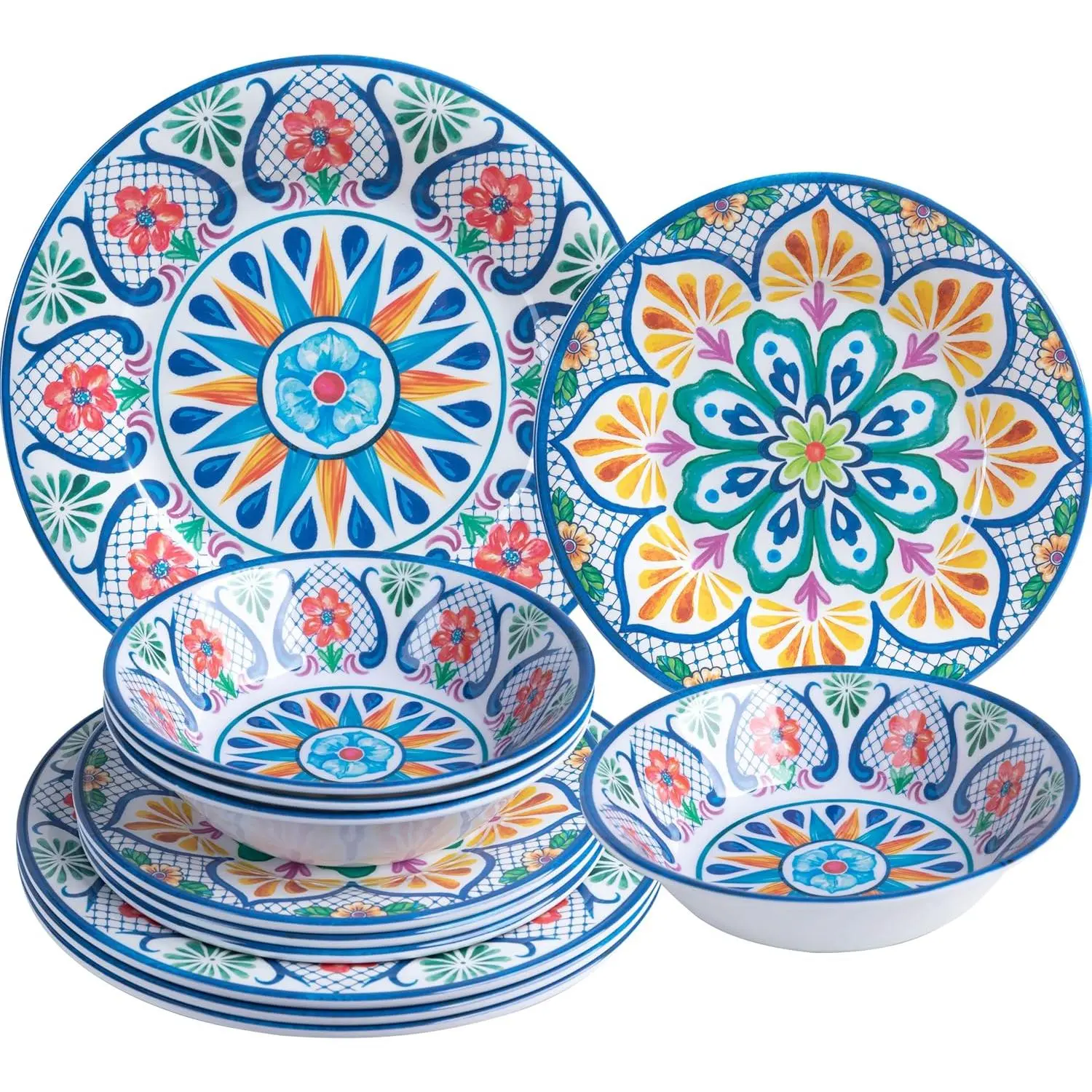 12-Piece Melamine Dinnerware Set for 4 - Stylish Paisley Print, Durable, Non-Breakable, BPA-Free, Chip-Resistant Plates & Bowls, Everyday Casual Kids Tableware for Indoor Dining, Party Use