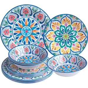 Melamine Dinnerware Sets, 12-Piece Dinner Dishes Set for 4, Durable & Non Breakable Plates Bowls Set, Shatterproof BPA-Free Dishware for Outdoor Dining,Picnic,Camping,RV–Paisley Design fine china plates