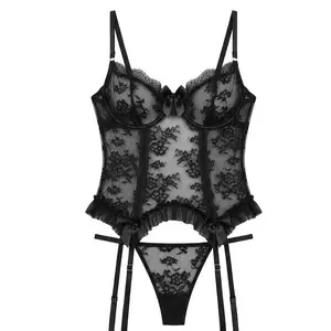 Playful Pink Lace 4-Piece Corset Set — Underwire & Boned Bustier, Thong, and Mesh Stockings — Cute Bow Accents, Y2K Style Women's Lingerie Set，Floral Lace Mesh Lingerie Set — One-Piece Teddy