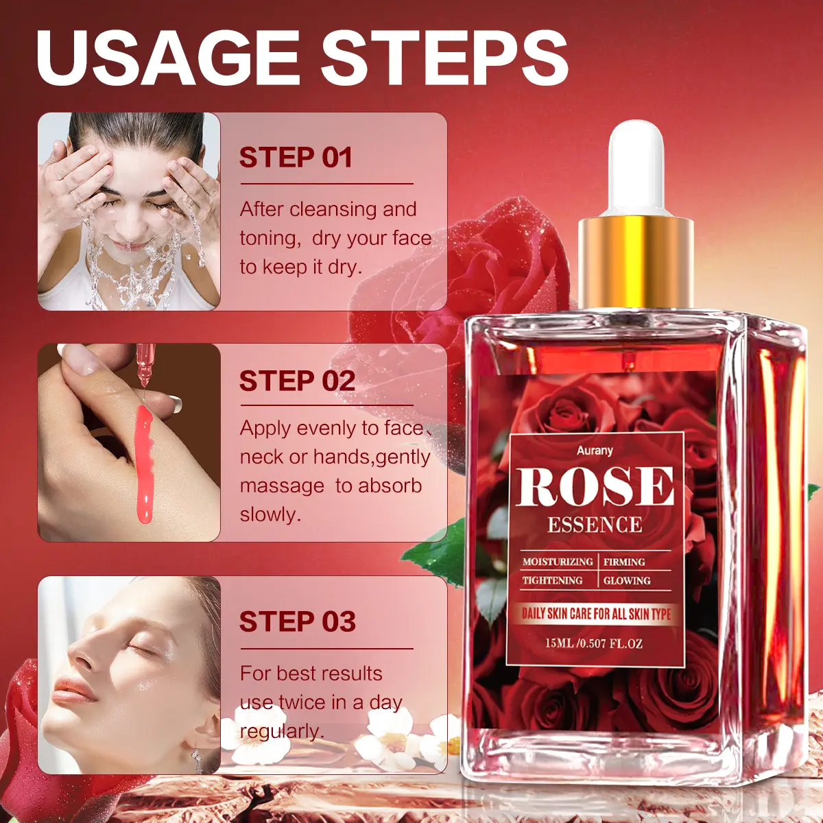 4Pcs - Rose Essence, Facial Essence, Day And Night Moisturizing