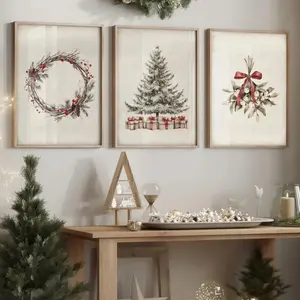 3pcs Wooden Frame Christmas Wreath Bow Holiday Decoration Poster Wall Art Print, Festive Home Decor, Holiday Decor Needs, Perfect for Xmas Celebrations