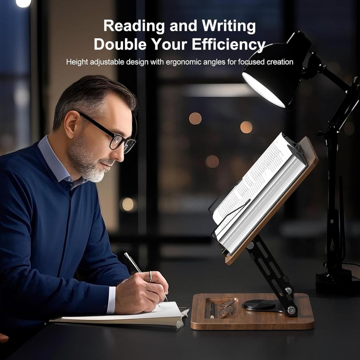 360° Rotating Book Stand – Adjustable Hands Free Reading Holder with Page Clips for Books, Tablet & Laptop