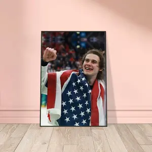 Iconic Jack Hughes Poster, Hockey Golden Goal Wall Art, USA Chipped Tooth Decor, Modern Black Metal Frame Art