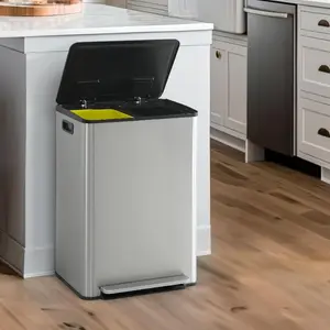 CAPHAUS Dual Trash Can with Single Lid/ Double Lids, Trash and Recycling Bins Combo for Kitchen, Hands-Free Stainless-Steel Garbage Can with 2 Compartment, Hinged Lid, Odor Filter, Handles, 30L+30L, 2 x 8 Gallon