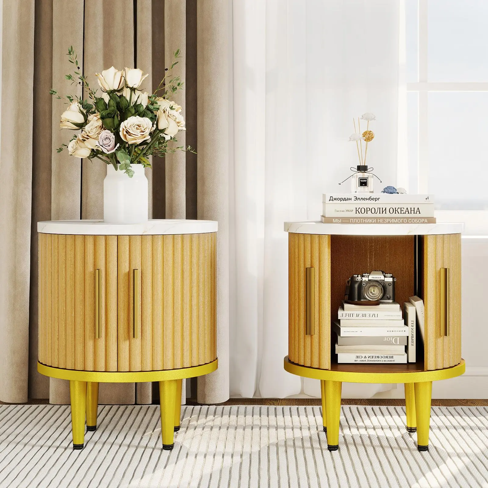 2-Piece Bohemian Circular Bedside Nightstand Set, Metal Frame Arc-Edge Contemporary Design, Fluted Surface, Metal Handles, Sliding Doors, Golden Legs, Indoor Furniture with Hidden Compartment for Bedroom (Fluted Bedside Tables, Side Tables)