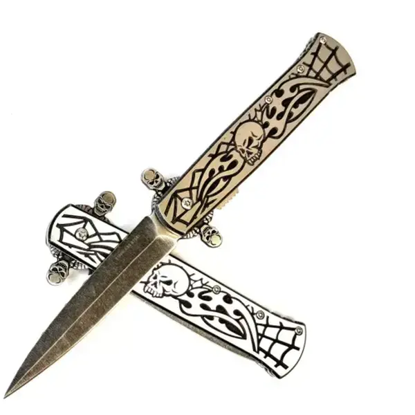 8.5” Black Skull Head Engraved Spring Assisted STONE WASH Folding Pocket Knife