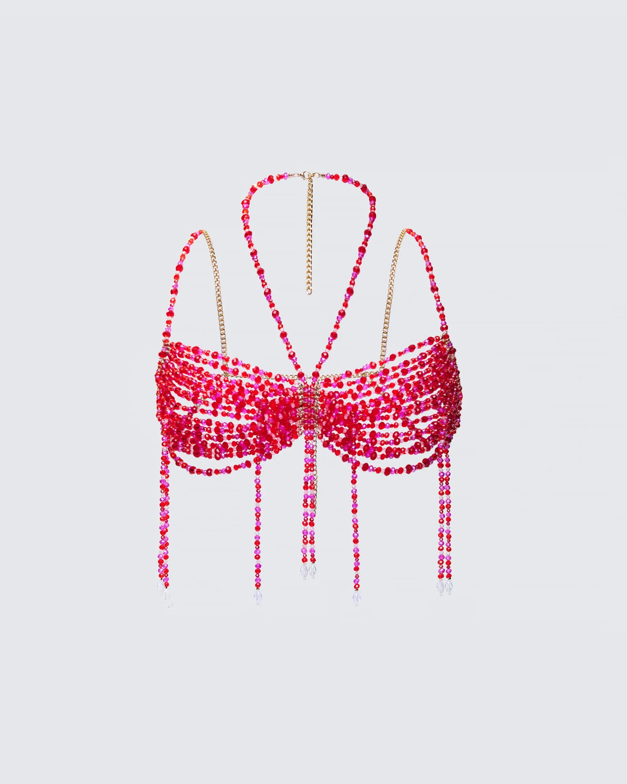 Women's Red Rhinestone Halter Bralette - Lingerie Top with Gold Chain Straps, Underwire Support & Fringe Detail, Rhinestones, Halter Neck, Night Wear, Fit, Resin, Xs, With Underwire Cups