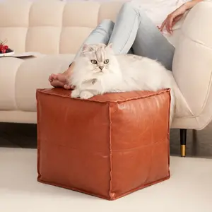 Soft Leather Pouf Ottoman Foot Rest, Unstuffed Floor Cushion with Storage, Handcrafted Foot Stool for Living Room Bedroom, Indoor Outdoor Use, 17 Inch