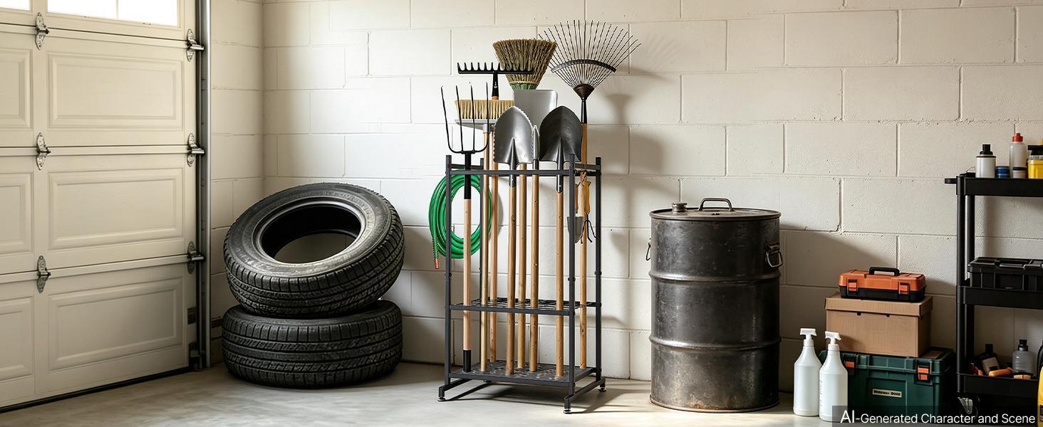 【BackToSchool】VEVOR Garden Tool Organizer, 35 Slots with Hooks, Metal Garage Storage Rack, for Rakes/Shovels/Brooms, Yard Utility Tool Holder for Shed/Outdoor/Lawn Organization, Heavy-Duty Steel, Freestanding,Black