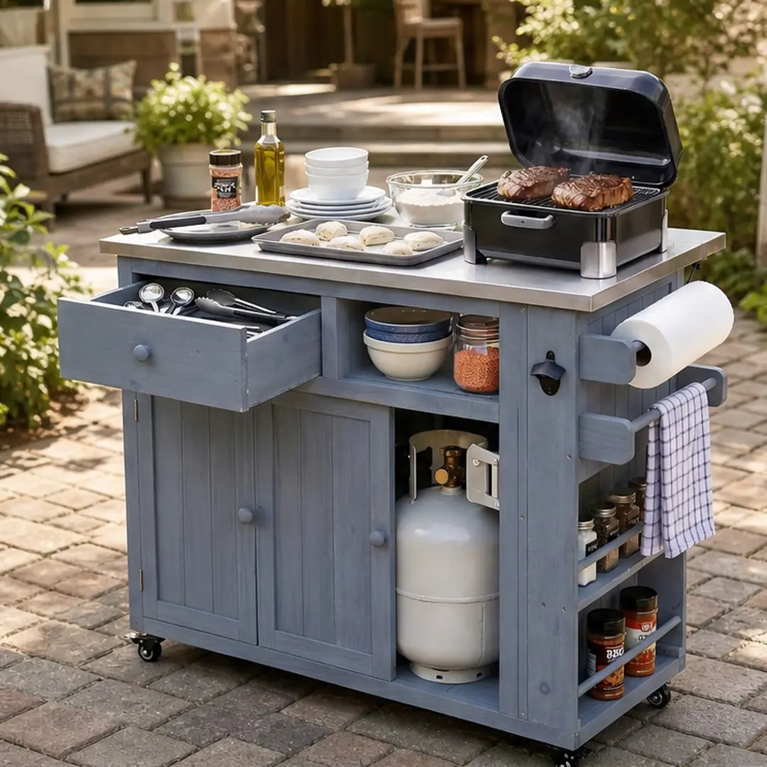 ARCH Sturdy Rustic Outdoor Kitchen Island - Solid Fir Wood BBQ Prep Table with Extendable Stainless Steel Top, Slatted Doors, Drawers, Storage Cabinet, Spice Rack, Towel Rack, Bottle Opener, Lockable Wheels, Gray Metal Floor Cabinets for Camping, Patio, E