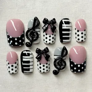 Kawaii Piano Keyboard Kawaii Press On Nails, 3D Music Note, Polka Dot Aesthetic Nail Art Design, Handmade Reusable Glue On Nails, Perfect for Party, Cosplay, Birthday and Daily Wear, Trendy Stylish Press On Nail Set