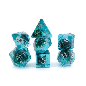 Ocean Moss Resin DnD 7-Piece Dice Set, Clear Teal Green Resin with Real Green Moss, Plant-Themed RPG Dice for Tabletop Gaming