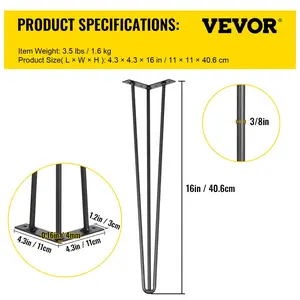 VEVOR Hairpin Table Legs 30" Black Set of 4 Desk Legs 880lbs Load Capacity (Each 220lbs) Hairpin Desk Legs 3 Rods for Bench Desk Dining End Table Chairs Carbon Steel DIY Heavy Duty Furniture Legs
