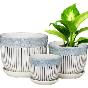 3-Piece Ceramic Planter Set (4.2"-6.75") - Modern Flower Pots with Drainage & Saucers, Indoor/Outdoor Planters for Succulents & Houseplants