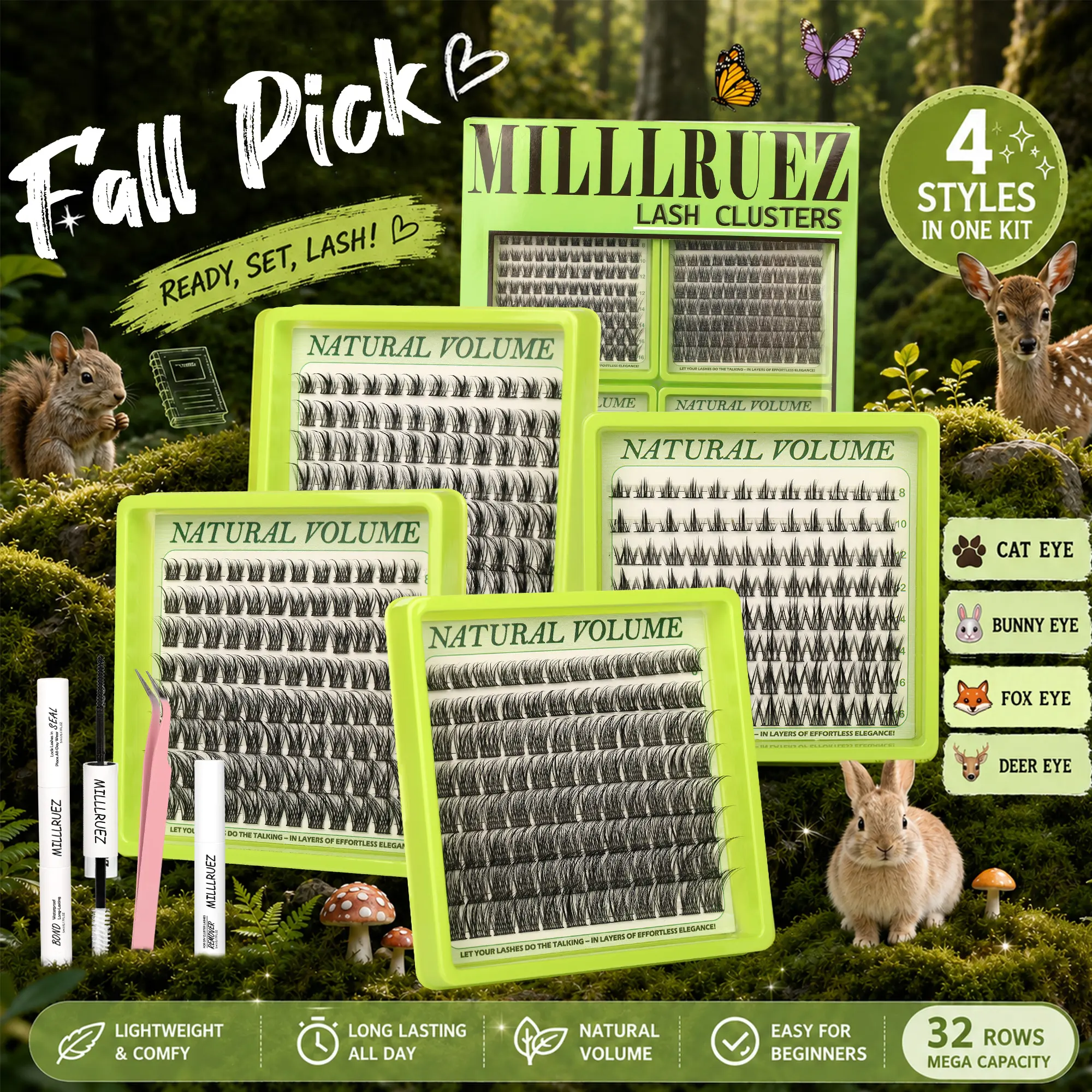4 Nature Styles Lash Clusters Kit, Cat/ Deer/ Fairy/ Rabbit Eyelash Clusters Extensions with Everything You Need for Beginners and Proficient, DIY at Home Easily, #backtoschool