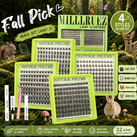 4 Nature Styles Lash Cluster Box Set - Cat, Deer, Fairy, Bunny Lash Clusters with Plush False Eyelashes & Adhesives, All-Inclusive for Beginners, Easy DIY at Home, #BackToSchool,familyfun