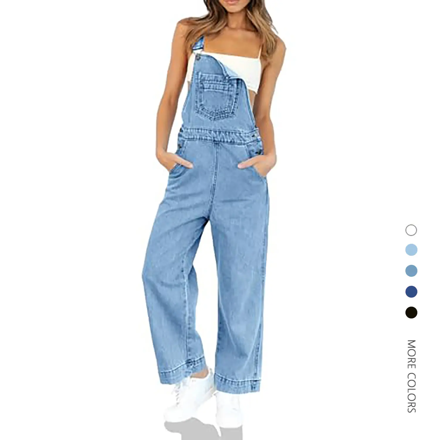 Women's Traditional Vintage Denim Bib Overalls - 90s Style Casual Women's Clothes, Relaxed-Fit Wide-Leg Jumpsuit with Pockets, Adjustable Strap Buckles, Side Button Closures
