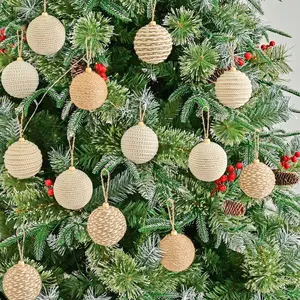 12pcs 8cm Hemp Rope Christmas Balls Cotton Rope Foam Ball Hanging Decorations, Festive Tree Ornaments for Holiday Decoration