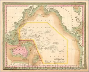 Pacific Ocean and Oceania - Regional Map, 1850 | Historical Map Print
