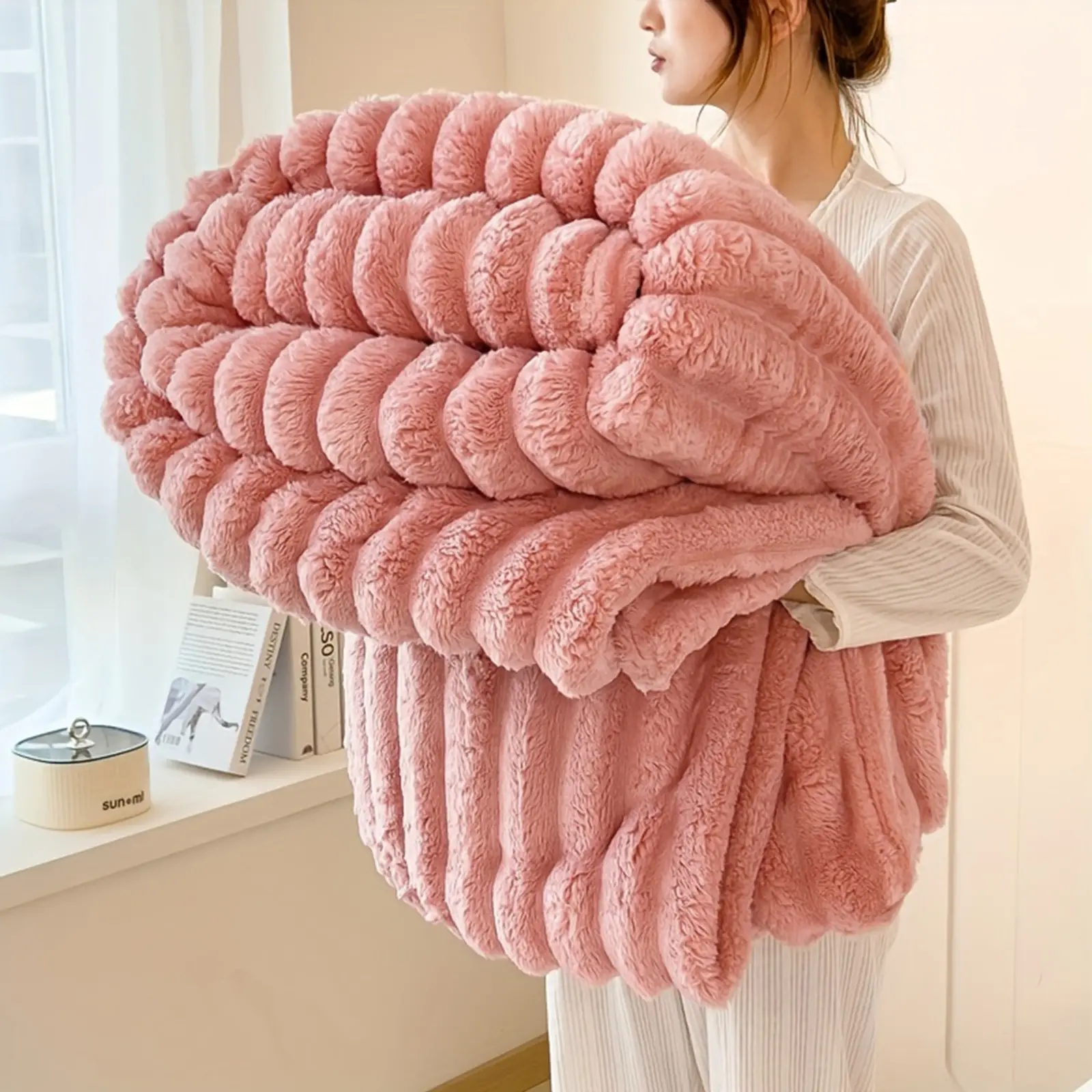 【Super Category】ROSEKIND Striped Blanket ,Anxiety Relief,Dupe- Ultra Soft Flannel Throw for Soft Girl Bedroom - Sensorial Immersion Blanket for All-Season Home Decor - High-Texture Cozy Nap Blanket for Couch & Travel , Ideal for Bed ,Home Bedroom Decor
