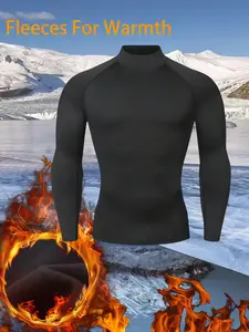 1-Pack Men’s Fleece Lined Compression Fitness T-Shirt, High Neck Long Sleeve High Stretch Moisture Wicking Breathable Performance Base Layer Top for Gym Training, Running, Workout & All Season Active Wear