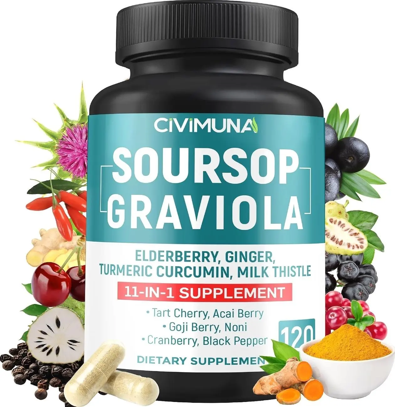 Soursop Graviola Capsules with Elderberry, Turmeric, Ginger, Milk Thistle, Tart Cherry and More - 120 Capsules for 4 Months Supply
