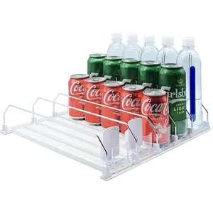 High-Capacity Fridge Canned Storage Organizer - 38cm Recycled Plastic Glide Pusher Dispenser, Automatic Pusher, Holds 25 Cans for 12-16-20oz Soda