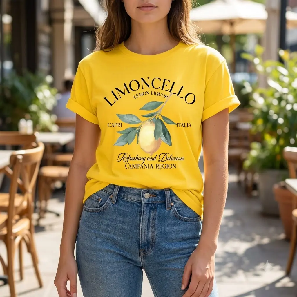 Women's Limoncello Capri Italia Graphic T-Shirt - Womenswear Casual Vintage Lemon Liquor Tee, Italian Summer Vacation Citrus Amalfi Coast Aesthetic Top
