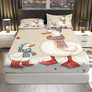 3Pcs Winter Duck Snow Fitted sheet Three Piece Set (1*Fitted Sheet+2*Pillowcases, Coreless), Christmas theme,  Animal Bedding Set, Mattress protector Soft, Breathable