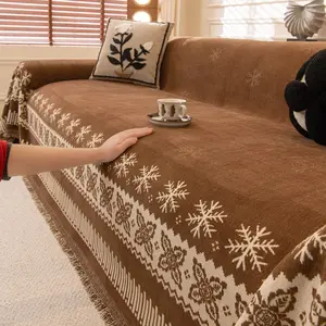 Vintage Fair Isle Sofa Throw, Full Coverage with Fringe, Snowflake Embroidered Sofa Cover, All-Seasons Non-Slip Cat Scratch Proof