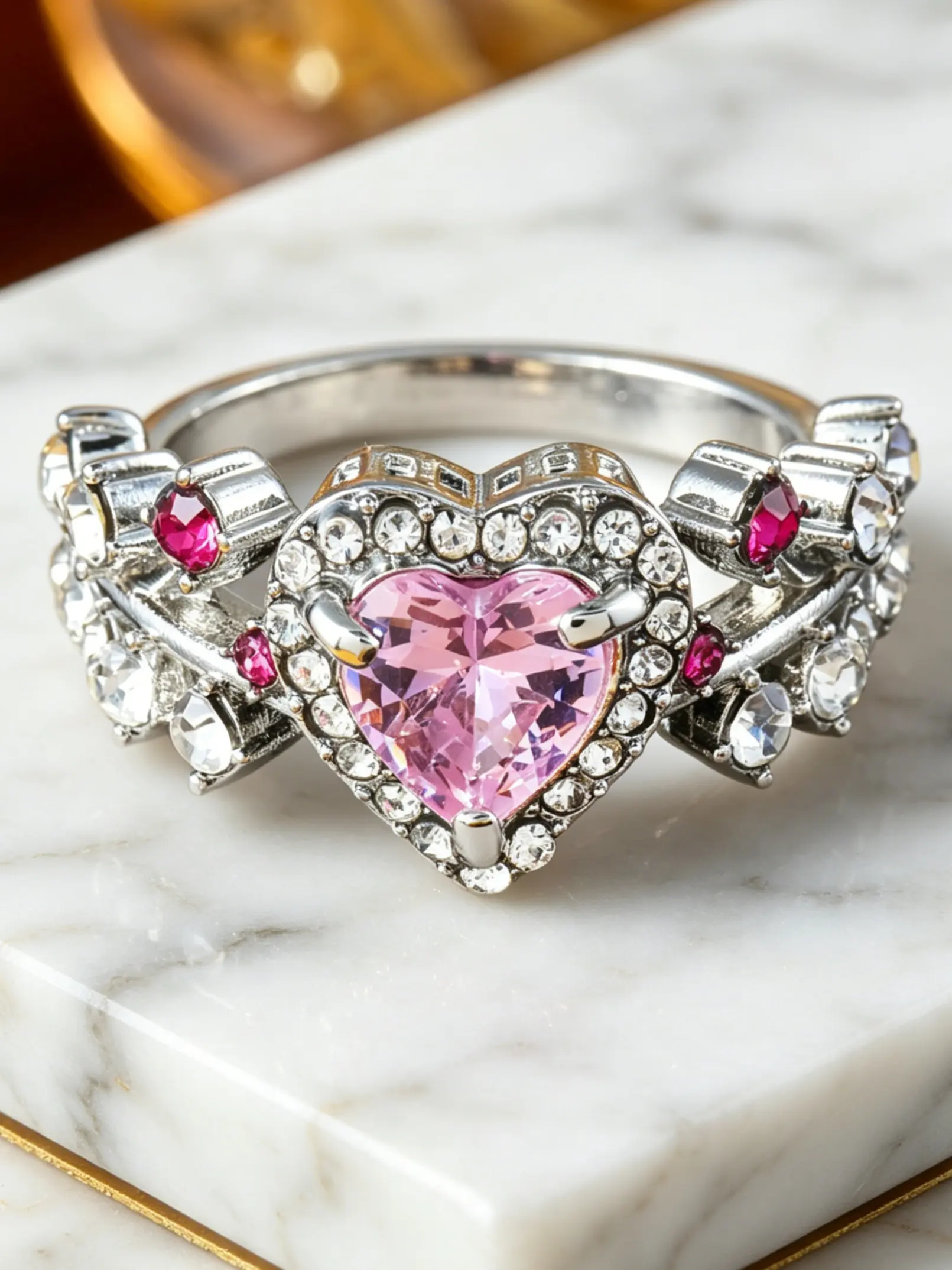 Y2K Coquette Pink Heart Cubic Zirconia Statement Ring for Women, Halo Paved Crystal Romantic Jewelry for Valentine Proposal Wedding Anniversary, Birthday Promise Gift For Her