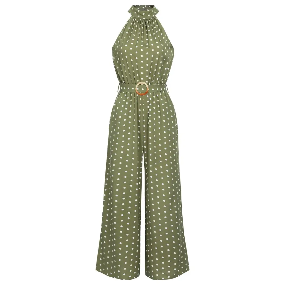 Women's 1930s Retro Polka Dot Halter Neck Sleeveless Shiny Silk Belted Wrap Overalls - High Waist Casual Style Jumpsuit with Loose Wide-Leg Pants & Belt, Belted Wrap Jumpsuitsummer outfits Green