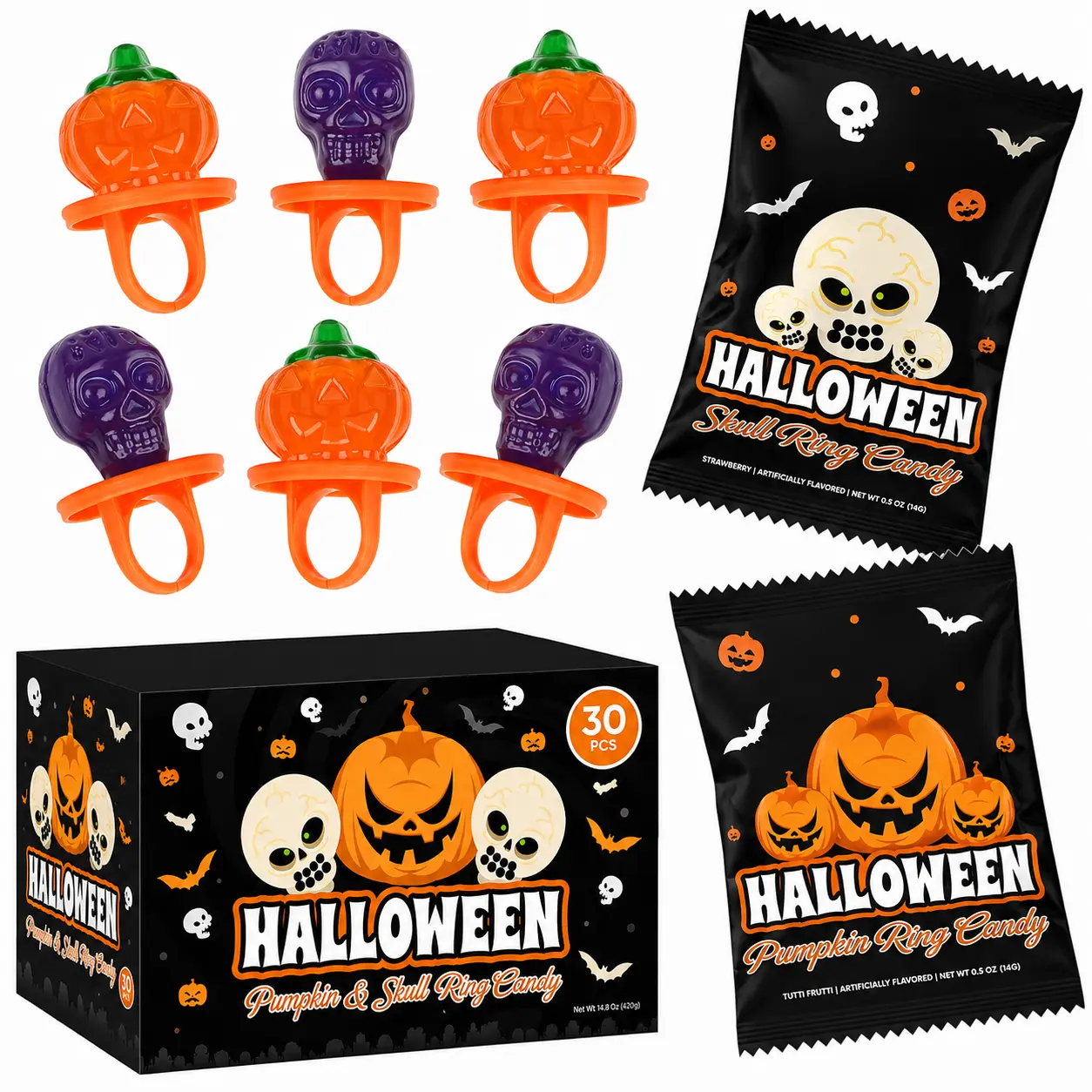 30 Pack Halloween Ring Candy Individually Wrapped Pumpkin & Skull Lollipops Strawberry & Tutti Frutti Flavored Trick or Treat Candy Halloween Party Favors Classroom Treats Goodie Bag Fillers Boo Basket Stuffers for Kids