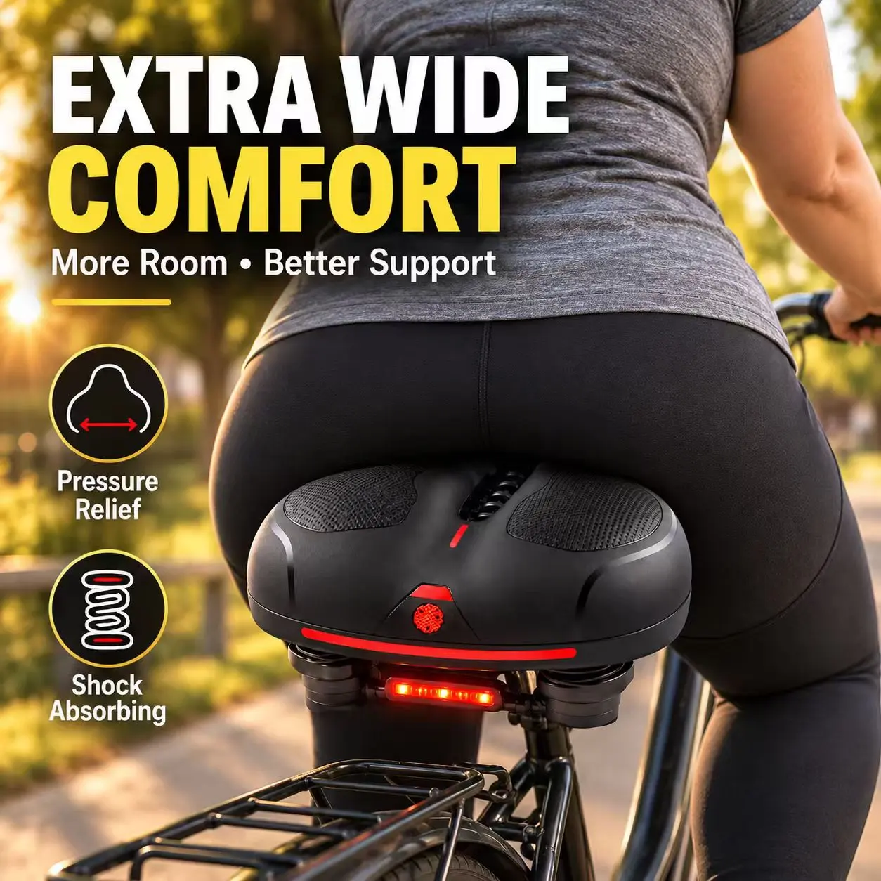 Unisex 26cm Extra Wide Comfortable Bike Seat - Shock-Absorbing Wide Support Bicycle Saddle with Rear LED Light, Breathable Center Cutout for Casual Riding, Cruiser Bikes