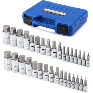 33 count 1/4"Drive, 3/8"Drive, 1/2"Drive Master Hex Bit Socket Set, S2 Steel, SAE And Metric, Allen Socket Bit, 5/64-inch to 3/4-inch, 2mm to 19mm Socket Tool Kit