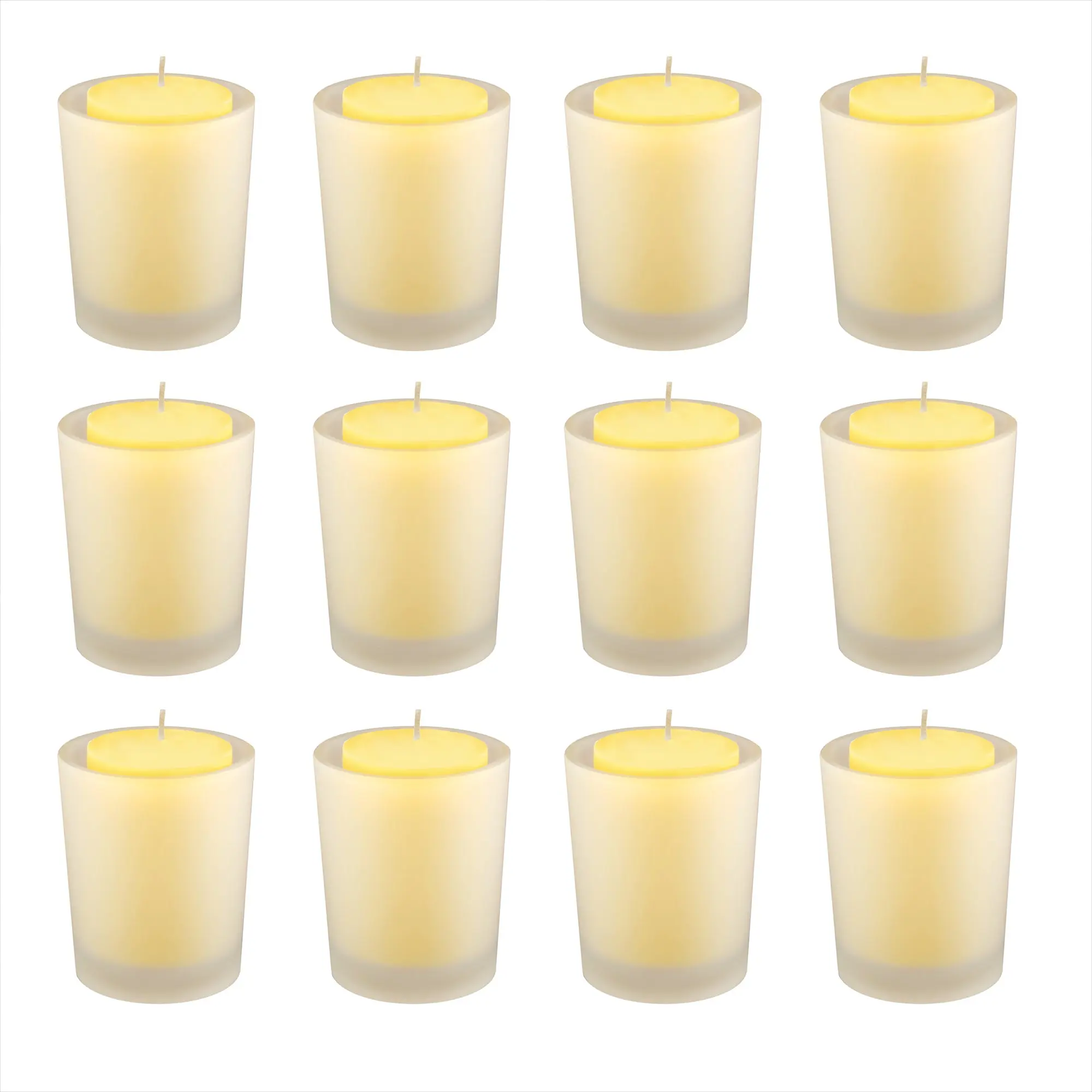 LumaBase Lead-Free Citronella Lemon Aroma Candles - 12-Piece Paraffin Wax Votive Set with Frosted Glass Holders, Decorative Plant Accent Home Decor, Patio/Porch Outdoor Mosquito Repellent, 15h Burn Time, Box Included