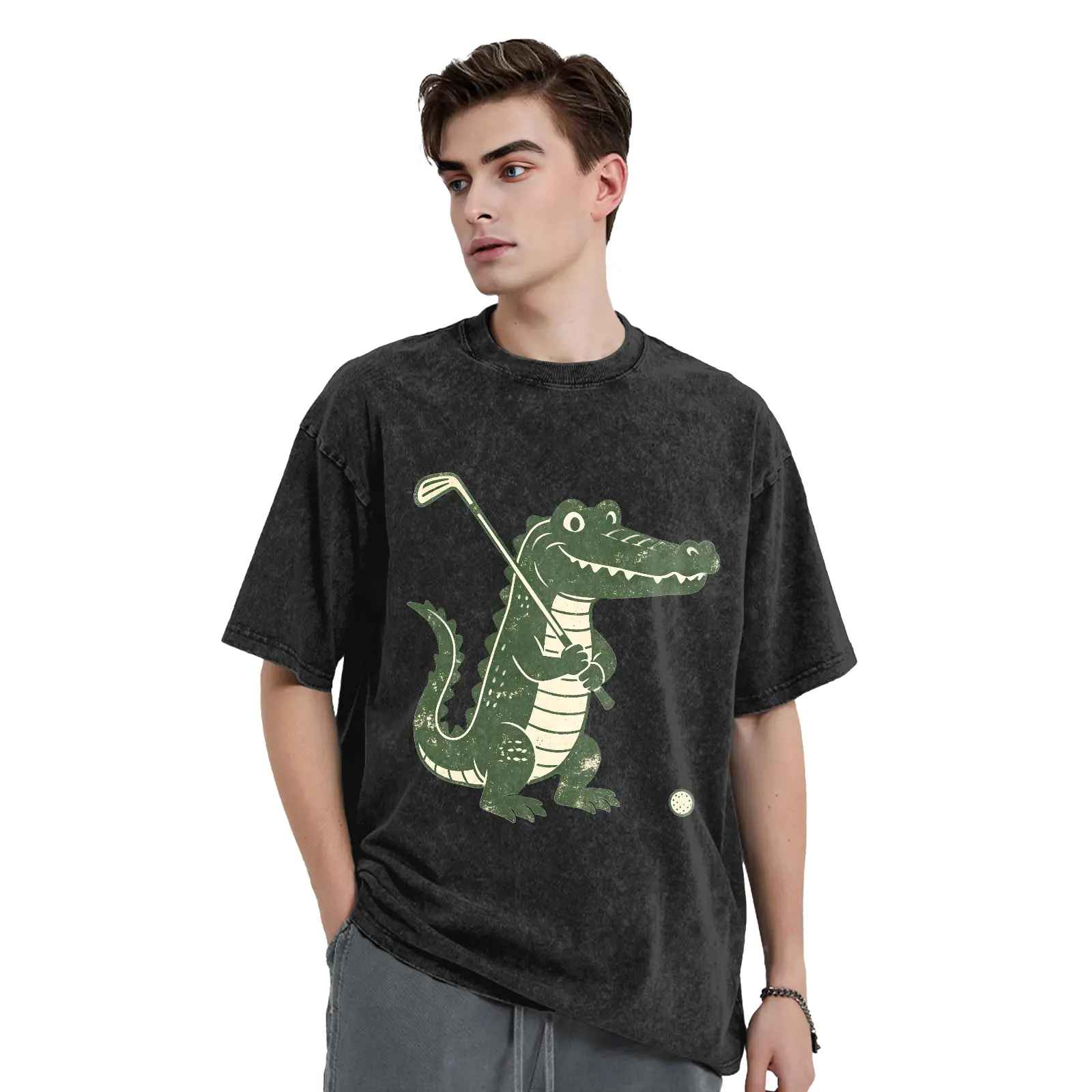 Men's Heavyweight Washed Cotton Crocodile Graphic Tee, Streetwear Shortsleeve Casual Top with Relaxed Fit Comfortable Fabric