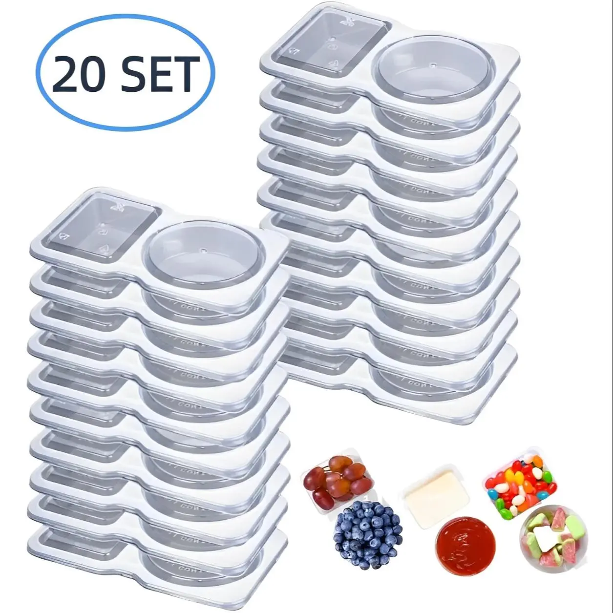 20-Set Clear Reusable Double-Compartment Condiment Containers with Lids, 2-Compartment Food Storage Containers for Meal Prep, Salad Dressing, Dipping Sauce & Travel Snacks, Plastic Kitchen Canisters