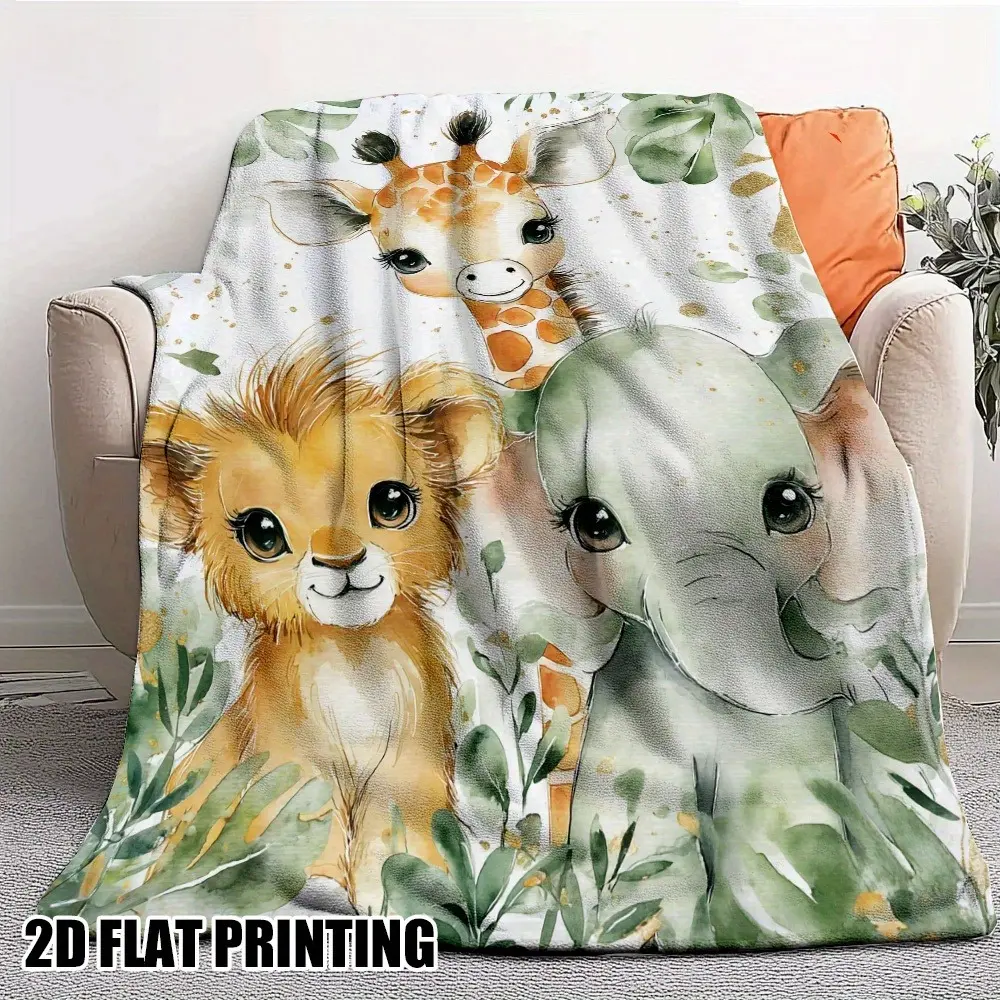 Soft Cozy Flannel Cartoon Blanket - Watercolor Safari Jungle Animal Artwork, Colorful Giraffe Lion Elephant Print, Child-Friendly Plush Throw for Newborns, Nursery Crib Bed Sofa, Baby Shower Birthday Gift (2D Flat Printing), Cartoon Blankets, Character Gr