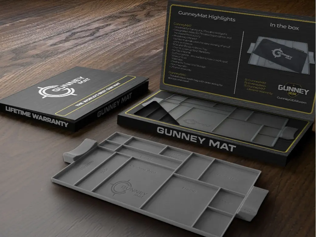 GunneyMat GRAY Cleaning Mat with Patent-Pending Barrel Holders Chemical & Stain Resistant, 20 x 12 Inches of Silicone Blend Durable Surface