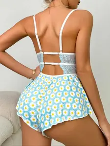 Women's Daisy Print Contrast Lace Sexy Cami Romper, Sexy Cut Out Sheer Lingerie Romper for Indoor, Ladies Summer Clothes, Rompers for Women