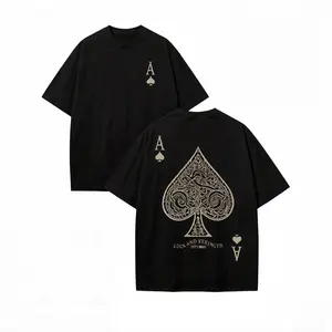 T-Shirt Double Sided Printed  'LUCK AND STRENGTH'  Letter And Ace Of Spades Pattern Print, Men's T-Shirt, Men's Casual, Comfortable, Fashionable T-Shirt, Street Style Cotton
