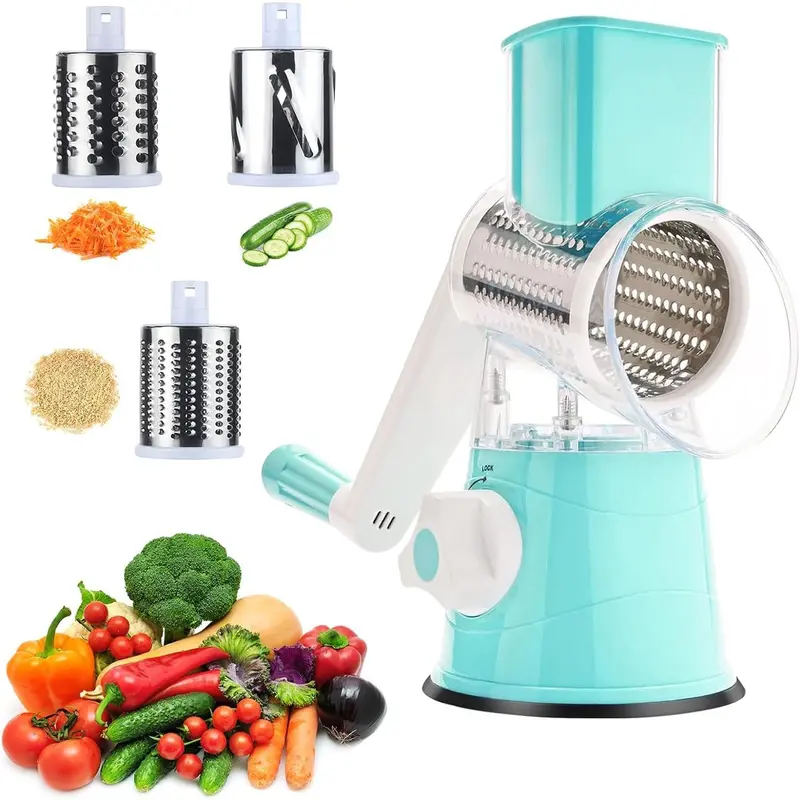 Arthink Manual Rotary Cheese Grater - 430 Stainless Steel Resists Dulling Blades (3 Pcs), ABS Nonslip Base Kitchen Utensil, 1-Turn Handle Cutter Peeler, Fruit & Vegetable Chopper, Grind Ingredients Faster Tool, Smooth Blue Holiday Gift