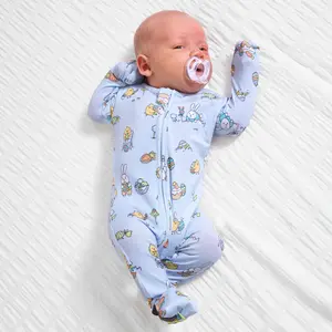 Easter Bunny Blue Bamboo Convertible Footie Baby Clothing Sleepwear Set